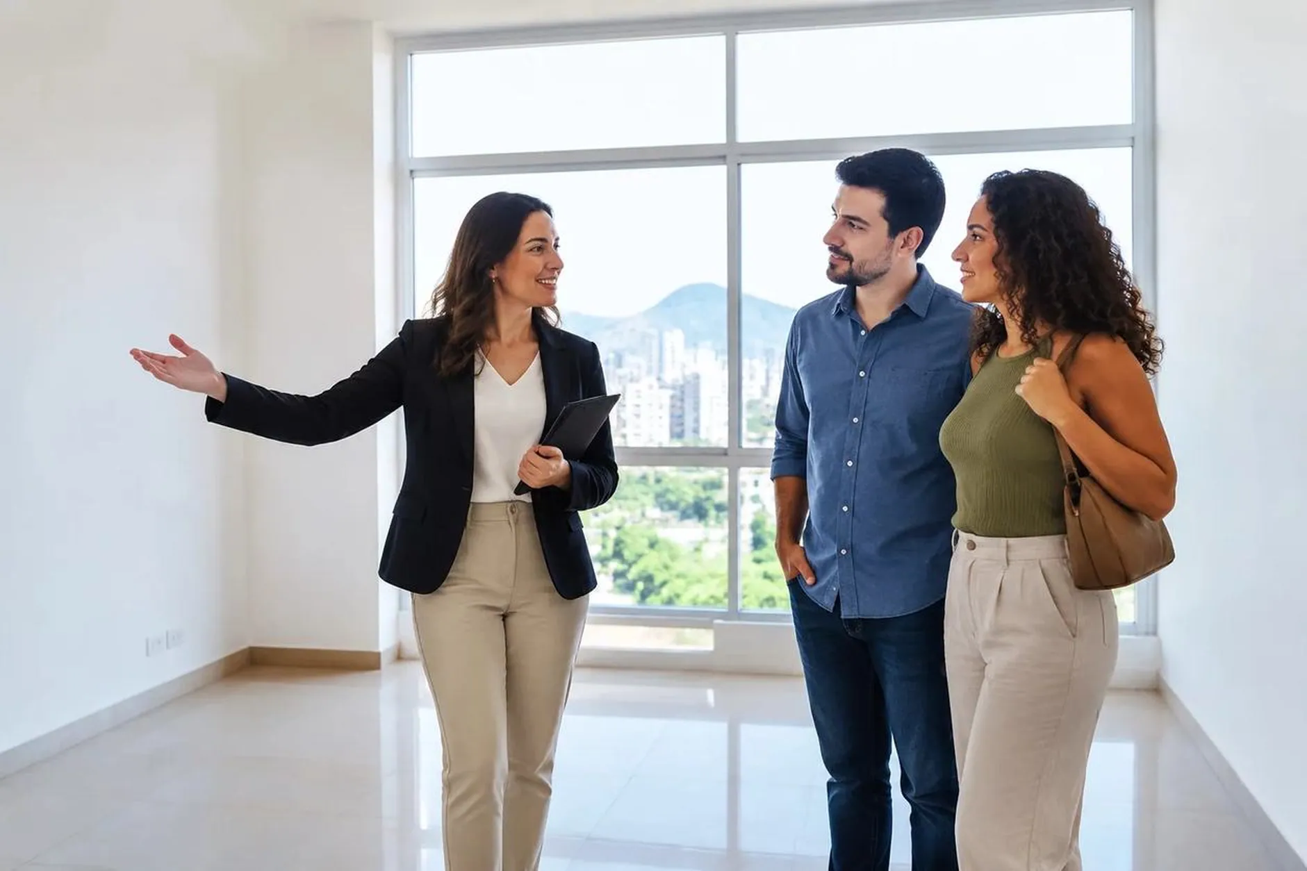 Corretora mostrando um apartamento vazio a um casal