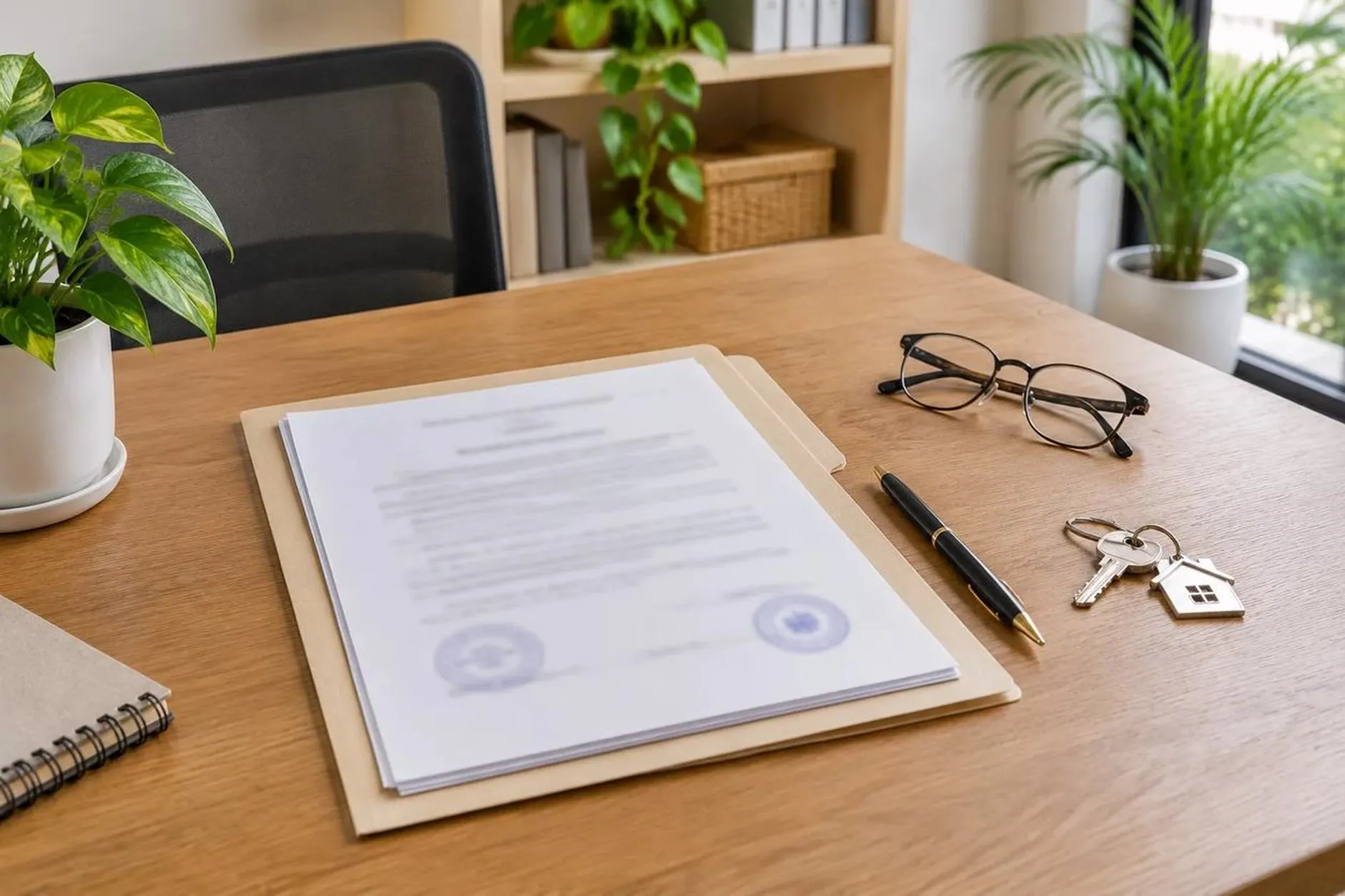 Documentos de compra de um imóvel organizados na mesa